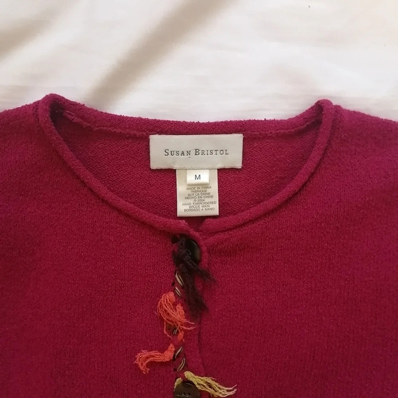 Susan Bristol Y2K Vintage Hand Embroidered Pink Button Up Fringe Cardigan Medium - Picture 8 of 12